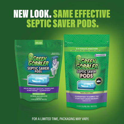 Green Gobbler Septic Tank Treatment Packets, 12 Month Supply - Natural Bacteria to Prevent Costly Septic Issues, Back-Ups, Foul Odor | Pod: Color May Vary