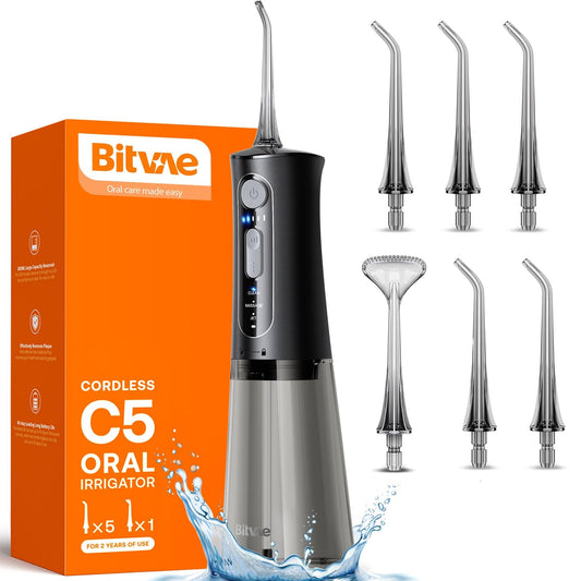 Bitvae C5 Water Dental Flosser for Teeth, Cordless Water Teeth Cleaner Picks, 3 Modes 5 Intensities, IPX7 Waterproof Water Flosser, 5 Tips Rechargeable Water Dental Picks for Cleaning - Black