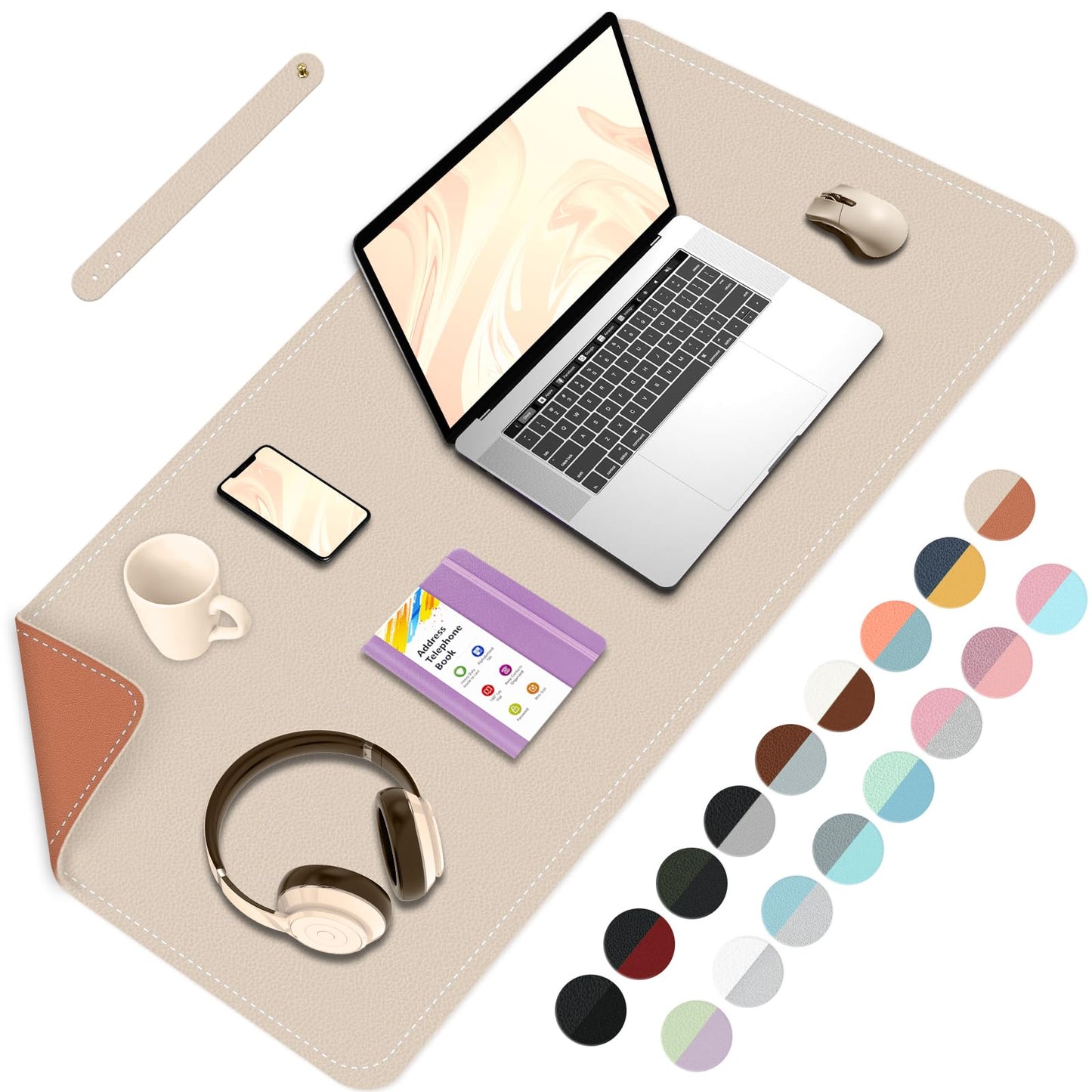 Double-Sided Office Desk Mat, Large Mouse Pad, Waterproof PU Leather Protective Pad, Laptop Desk Pad, Dual Use Cover Protector for Office/Home Keyboard (Beige+Orange, 31.5''×15.8'')