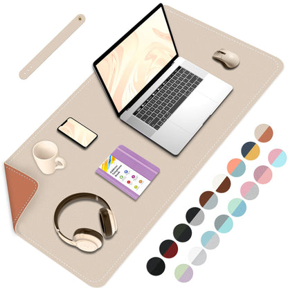 Double-Sided Office Desk Mat, Large Mouse Pad, Waterproof PU Leather Protective Pad, Laptop Desk Pad, Dual Use Cover Protector for Office/Home Keyboard (Beige+Orange, 31.5''×15.8'')