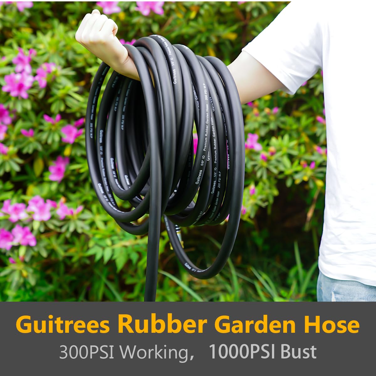 Guitrees 90FT 5/8 Heavy Duty Rubber Garden Hose - 300psi Working, 1000psi Burst - Hot/Cold Water - Five-Layered Braiding for Durability - Versatile for Gardening, Agriculture, Construction(Black)