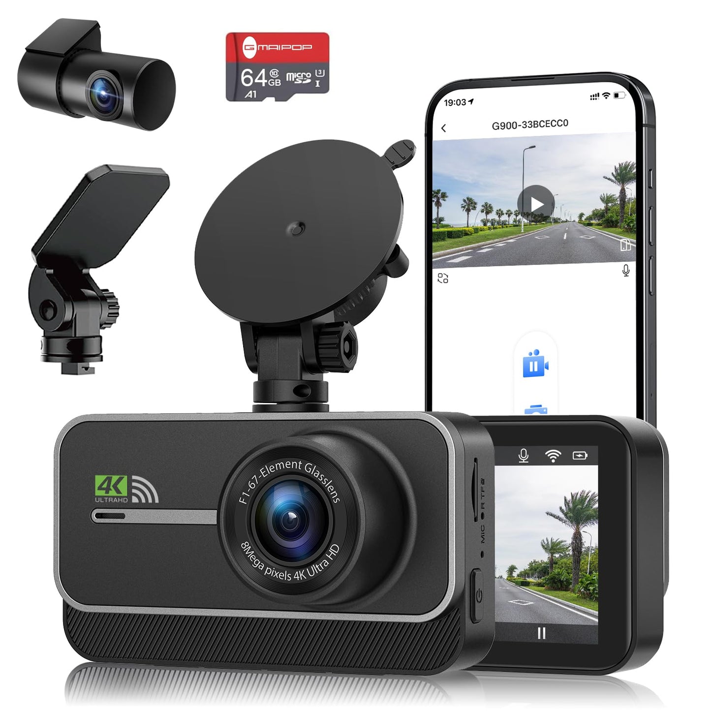 Dash Cam Front and Rear,4K+1080P WiFi Dual Dash Camera for Cars with App, 3" IPS Dashboard Camera Recorder,Night Vision,24H/7 Parking Mode, Loop Recording,170° Wide Angle,Free 64GB SD Card