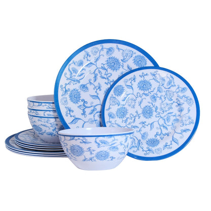 Melamine Dinnerware Set 12-Piece for 4 Dish Set Plates Bowls Unbreakable Dishware for Indoor Outdoor Use Lightweight Durable for Camping Picnics Parties Blue