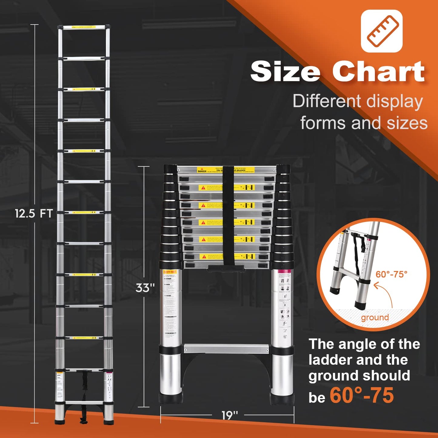 Telescoping Ladder, SocTone 12.5 FT Aluminum Lightweight Extension Ladder with 2 Triangle Stabilizers, Heavy Duty 330lbs Max Capacity, Multi-Purpose Collapsible Ladder for RV or Outdoor Work