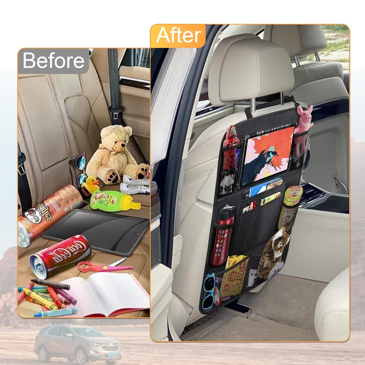 JUSTTOP Black Car Backseat Organizer with Touch Screen Tablet Holder, 9 Storage Pockets Kick Mats Car Seat Back Protectors for Kids Toddlers, Car Travel Accessories, 2 pack