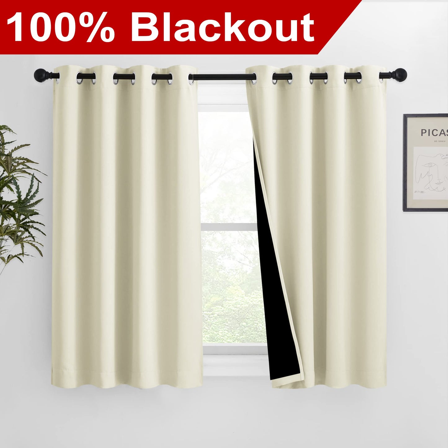 NICETOWN Warm Curtains for Winter, Bedroom Full Blackout Curtain Panels, Great Job for Blocking Light, Complete Blackout Draperies with Black Liner for Night Shift (Beige, Set of 2, 46 by 54-inch)