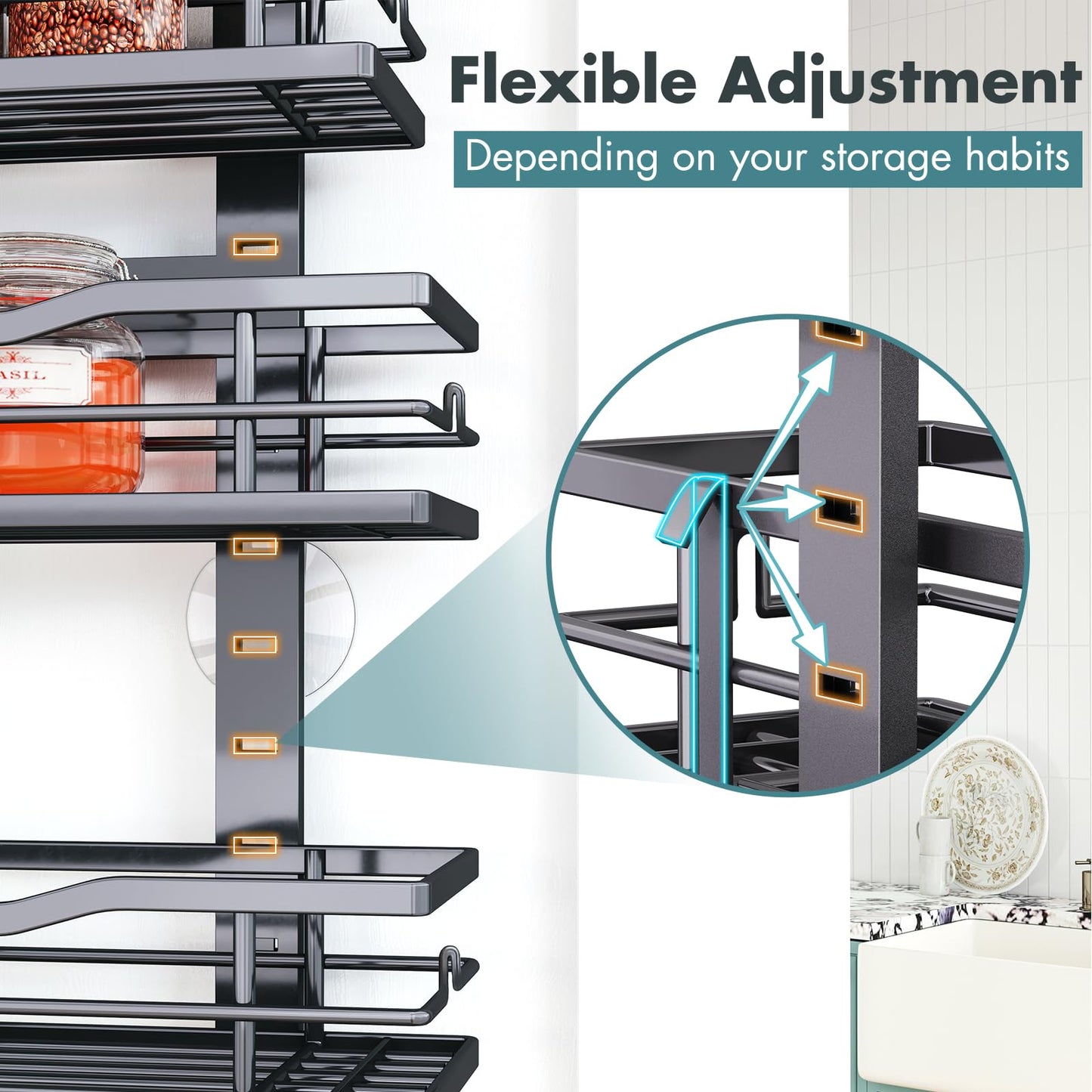 Eastherry Over The Door Pantry Organizer，9-Tier Over The Door Organizer with Adjustable Basket，Metal Hanging Pantry Organizers and Storage for Kitchen, Back of Door Seasoning Rack (Black)