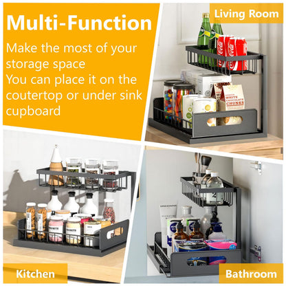 Ceetug Under Sink Organizers and Storage 2 Tier Slide Out Kitchen Cabinet Organizer Sturdy Metal Bathroom Storage (Black, 2 Pack)