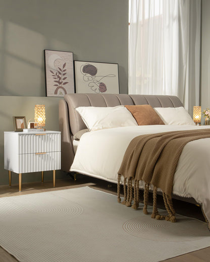 SICOTAS White Night Stand, Fluted Glossy Nightstand with 2 Drawers, Wide Modern Storage Bedside Table for Bedroom, End Side Table with Golden Metal Legs and Handles (White, 1 Piece)