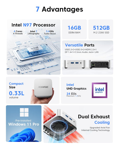 ACEMAGIC Vista Mini V1 Mini PC,12th Gen Alder Lake-N N97(Beat N150/N100/N95, up to 3.6GHz),16GB DDR4 RAM 512GB SSD Mini Computer,Small Desktop 4K Dual Display/WiFi/VESA for Home/Office,Preinstalled OS