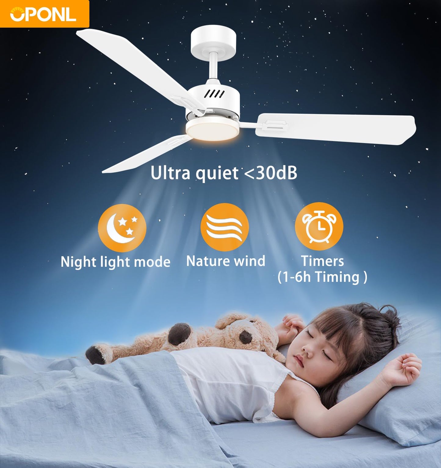OPONL White Ceiling Fan with Light 52inch, Low Profile, Remote Control, Downrod Mount, Noiseless, Reversible, 6CCT, Dimmable, 6 speeds, Timeable, Ceiling Fans with Lights for Living Room, MDF