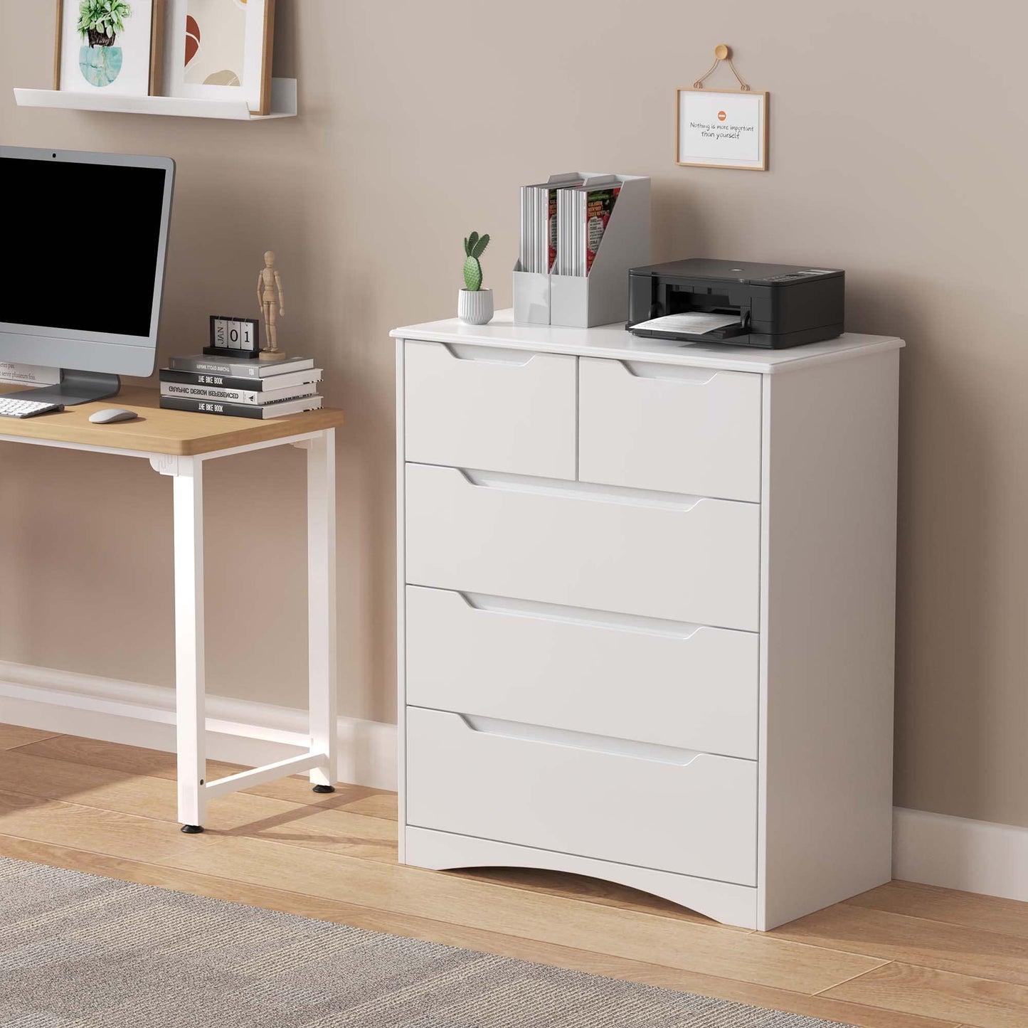 Gizoon 5 Drawers Chest, White Dresser for Dedroom with Embedded Handle, Sturdy Anti-tripping Device, Chest of Drawers with Large Storage Capacity for Hallway, Office, Living Room