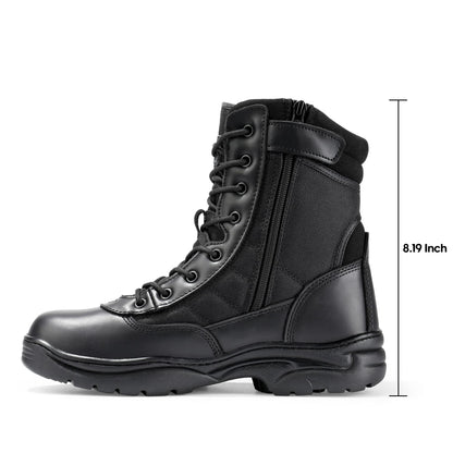 NORTIV 8 Mens Military Tactical Work Boots Side Zipper Leather Outdoor 8 Inches Motorcycle Combat Boots Size 11 Wide US Trooper-W, Black-8 Inches