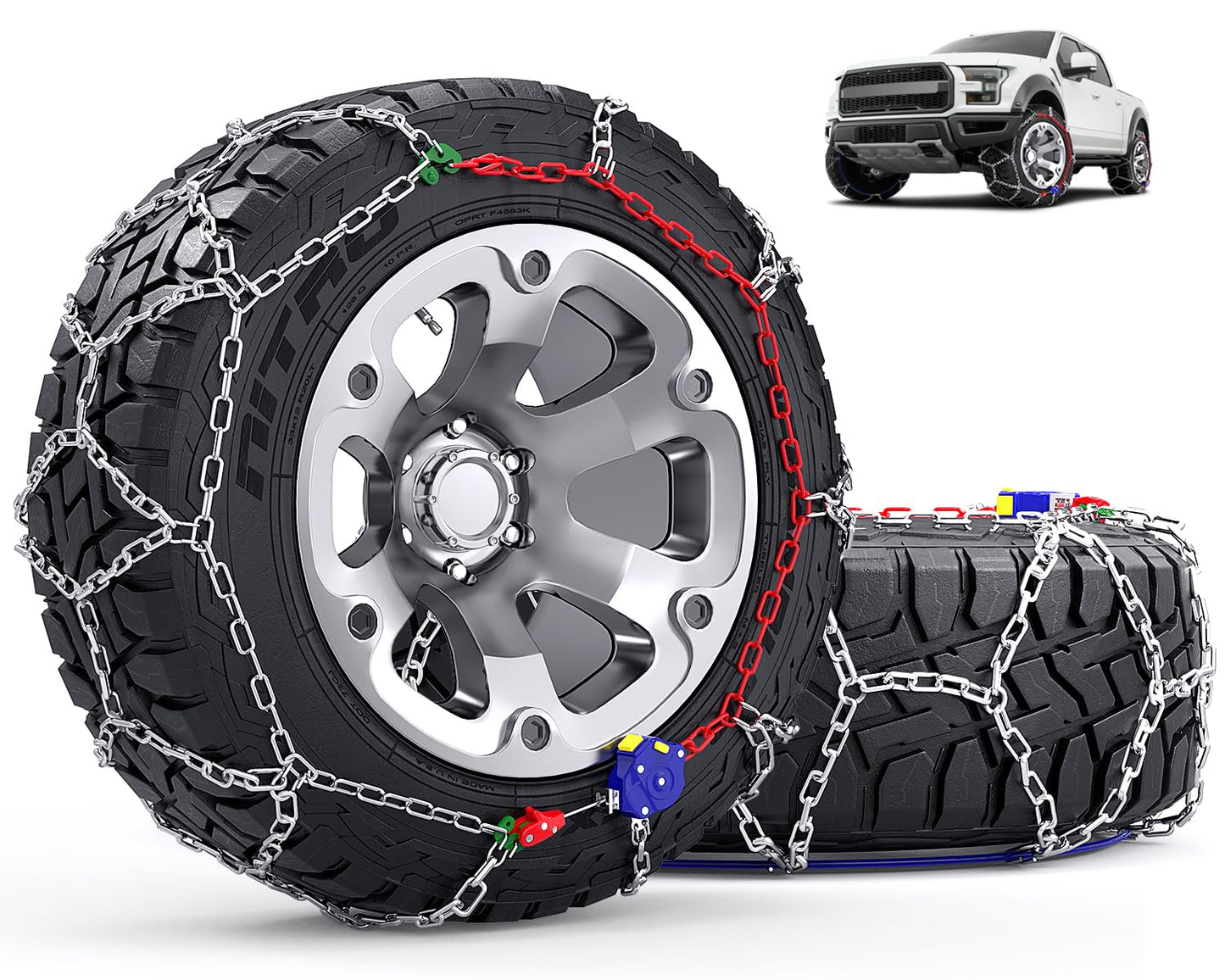 Snow-Chains Auto Fixing 1 Min Quick Installation Tire-Chains, Heavy-Duty Emergency Tire Traction Chain for Pickup Trucks and Off-road SUV Car Tires 285 295 305 315 325 - Set of 2 (HYR-D)