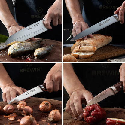 Brewin Chef's Knives, CHEFILOSOPHI Professional Chef Knife Set, Patented 5PCS Knife Set with Elegant Ergonomic Pakkawood Handle, Ultra Sharp Kitchen Knives, Japanese Chef Knife Set, Stainless Steel