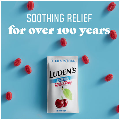 Luden's Sugar Free Wild Cherry Throat Drops, Sore Throat Relief, 25 Count (6 Pack)