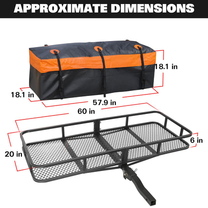 WEIZE Folding Hitch Mount Cargo Carrier Basket 60" x 20" x 6" with Waterproof Bag, Net, Strap, 2-Inch Folding Shank, 500 lbs Capacity Hitch Rack, Steel Construction