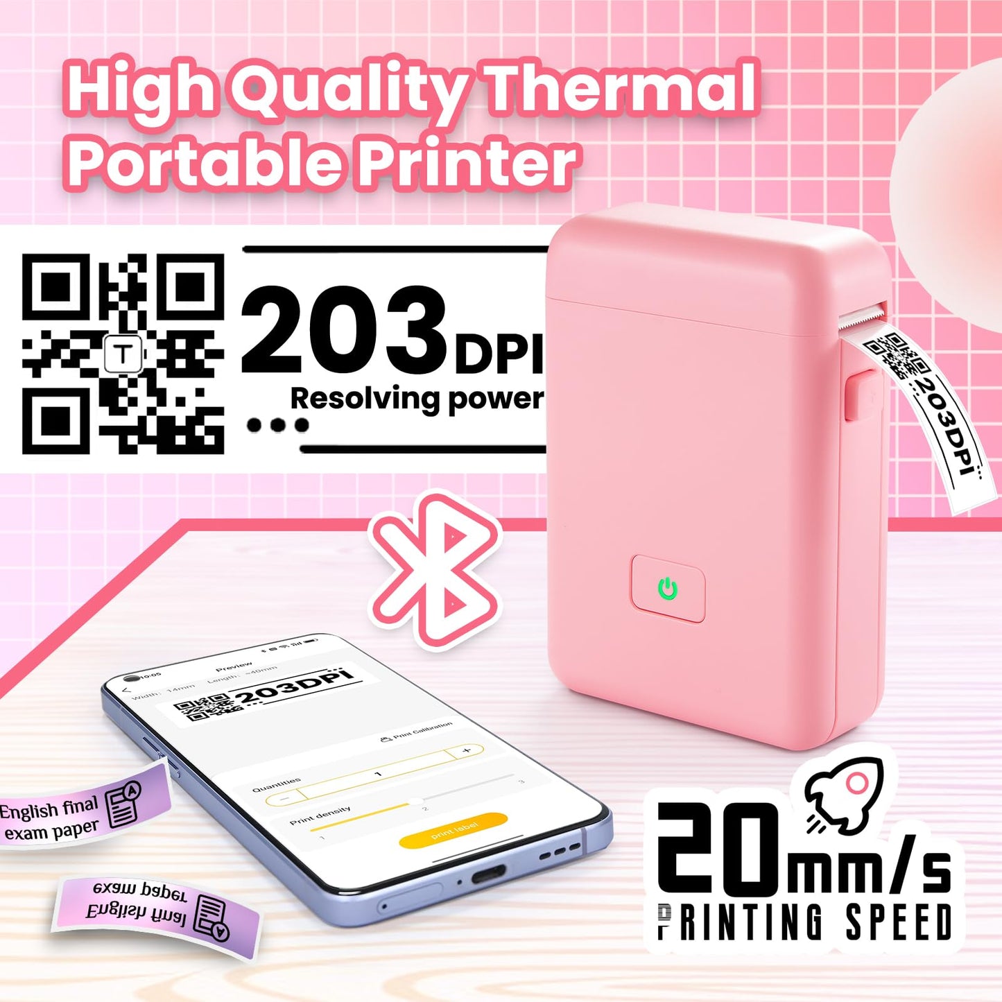 vretti Label Maker Machine with Tape, HP2 Portable Bluetooth Label Printer for Storage, Shipping, Barcode, Office, Home, Organizing Mini Sticker Label Maker with Multiple Templates (Pink)