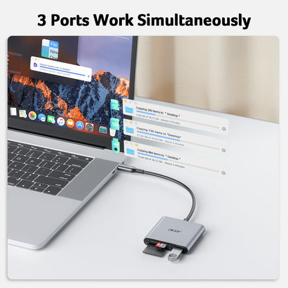 Acer SD Card Reader USB C, 3 in 1 Memory Card Reader with Dual Slots & USB 3.0, Micro SD Card Adapter for iPhone 16/15 Compatible with Camera, Android, MacBook Pro/Air, Laptop