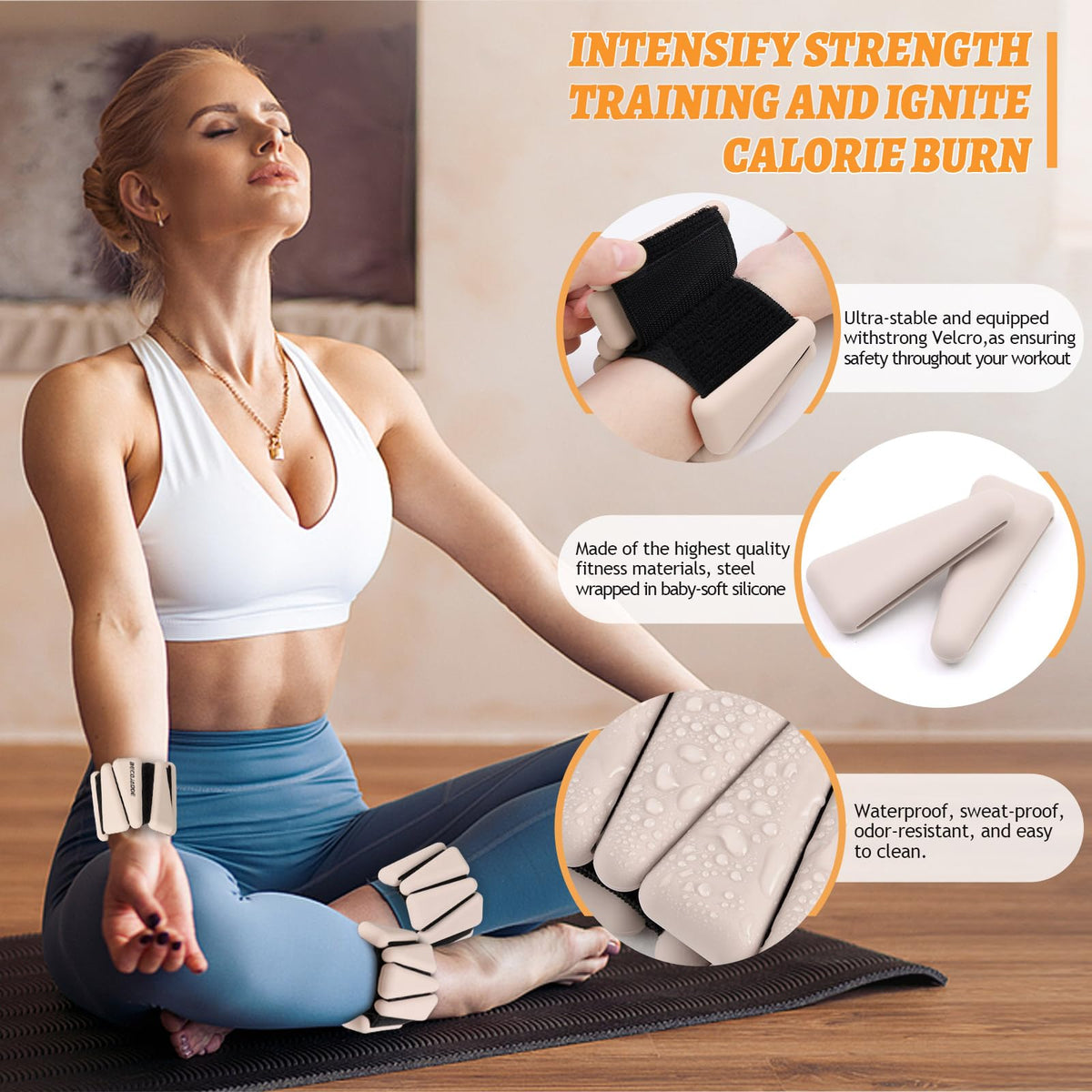 BECOJADDE Wrist Ankle Weights Adjustable Training Intensity for Strength Training Walking Running Yoga Pilates Jogging for Women Men Set of 2 (1 lb Each), Beige