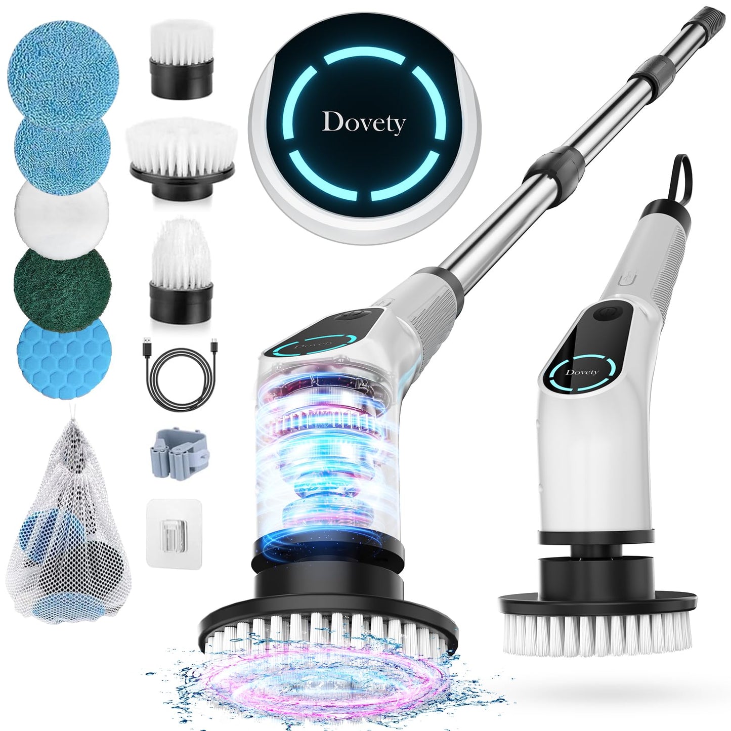 Dovety Electric Spin Scrubber, Cordless Cleaning Brush, Shower Scrubber with 8 Replaceable Brush Head, Power Cleaning Brush with Extension Handle, 2 Adjustable Speed, for Bathtub Grout Tile Floor