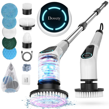 Dovety Electric Spin Scrubber, Cordless Cleaning Brush, Shower Scrubber with 8 Replaceable Brush Head, Power Cleaning Brush with Extension Handle, 2 Adjustable Speed, for Bathtub Grout Tile Floor