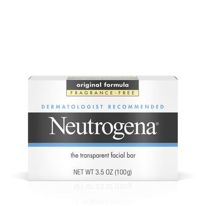 Neutrogena Original Fragrance-Free Facial Cleansing Bar with Glycerin, Pure & Transparent Gentle Face Wash Bar Soap, Free of Harsh Detergents, Dyes & Hardeners, 3.5 oz