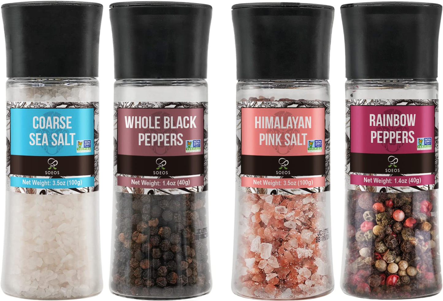 Soeos Spice Seasoning Set of 4, 9.8oz(277.82g), With Integrated Grinders, Salt and Pepper Grinder Set, Pure and Fresh Perfect for BBQ Seasoning Gift Set, Grilling Spice, Herb, Spice & Seasoning Gifts