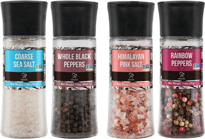 Soeos Spice Seasoning Set of 4, 9.8oz(277.82g), With Integrated Grinders, Salt and Pepper Grinder Set, Pure and Fresh Perfect for BBQ Seasoning Gift Set, Grilling Spice, Herb, Spice & Seasoning Gifts