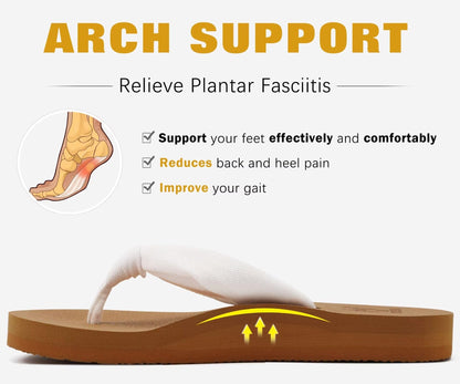 Kuailu Flip Flops Women Arch Support Yoga Mat Comfortable Summer Beach Walking Thong Cushion Sandals Slip on Outfits Travel Essential Orthotic Slides Indoor Outdoor Slippers Shoes White Khaki Size 8.5