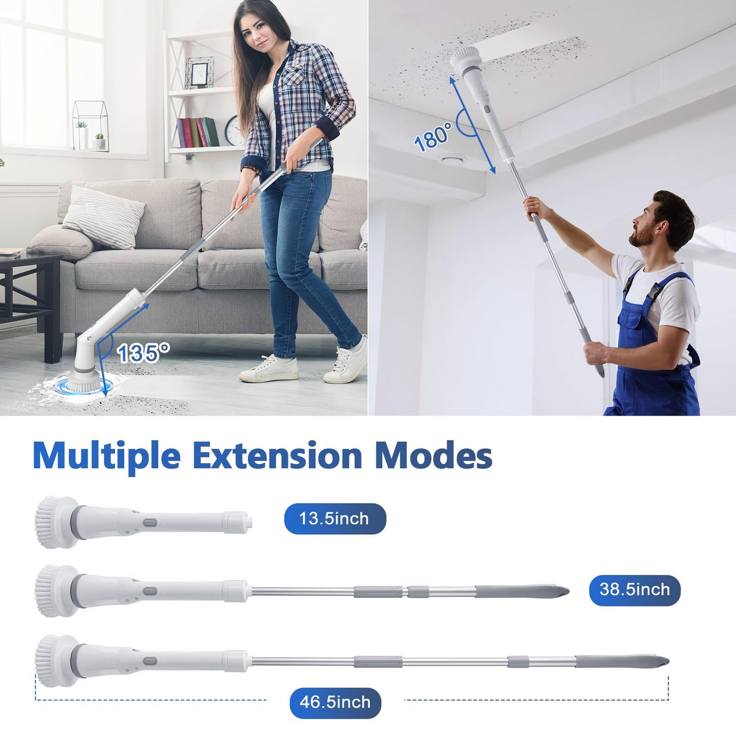 Qimedo Upgrade Rechargeable Electric Scrubber for Cleaning, 45-inch Handheld Spin Scrubber with Extended Long Handle, Cordless Power Dish Scrubber with 6 Brushes for Bathtub Grout Tile Floor