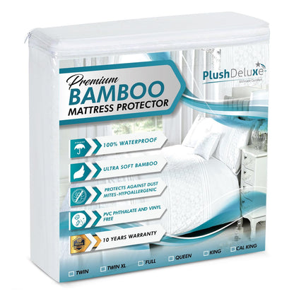 PlushDeluxe Premium Bamboo Mattress Protector – King Size, Waterproof, & Ultra Soft Breathable Noiseless Washable Bed Mattress Cover for Comfort & Protection - White