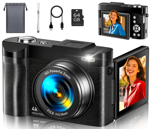 4K Digital Camera for Photography- 50MP Autofocus Vlogging Camera with 2.8" 180° Flip Screen, 16X Digital Zoom- Compact Point and Shoot Camera with 64GB SD for YouTube, Travel, Beginners
