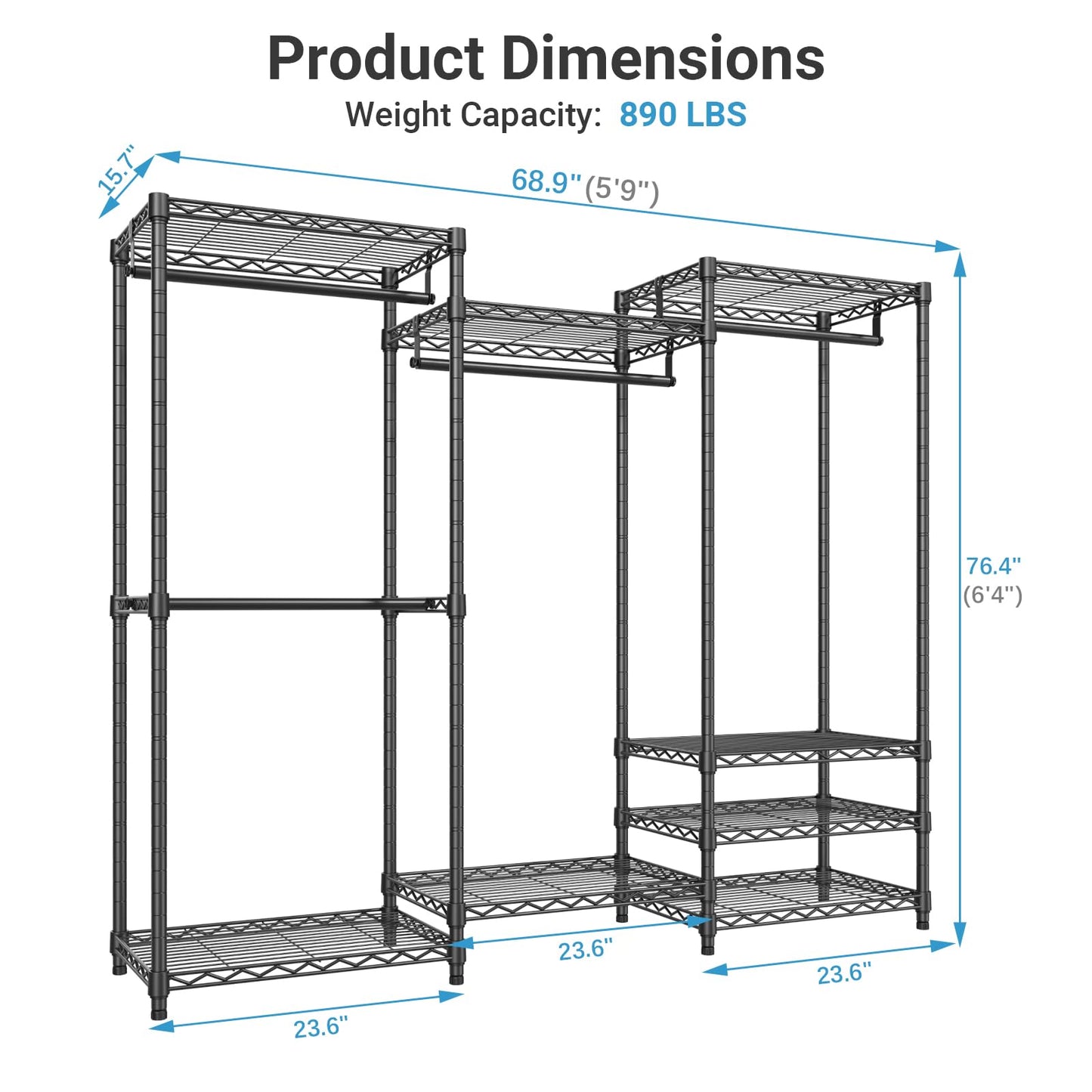VIPEK V5 Portable Closet Wardrobe Heavy Duty Clothes Rack, Freestanding Clothing Rack with 4 Hang Rods & 8 Shelves, Adjustable Closet Racks, 68.9" L x 15.7" W x 76.4" H, Max Load 890LBS, Black