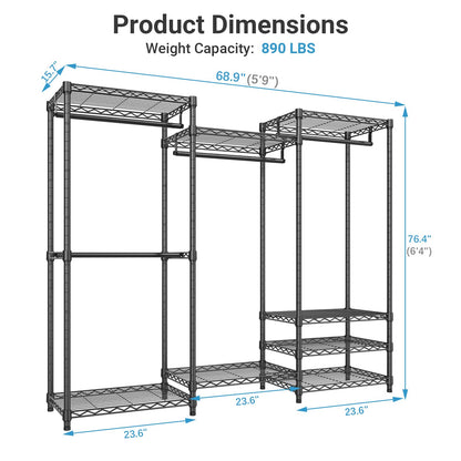 VIPEK V5 Portable Closet Wardrobe Heavy Duty Clothes Rack, Freestanding Clothing Rack with 4 Hang Rods & 8 Shelves, Adjustable Closet Racks, 68.9" L x 15.7" W x 76.4" H, Max Load 890LBS, Black