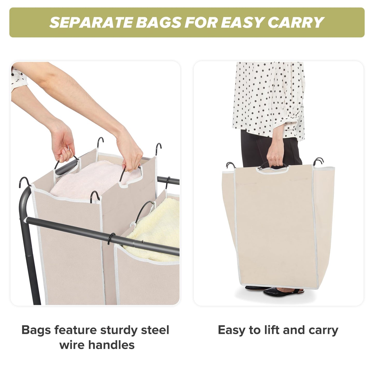STORAGEIDEAS Laundry Sorter Hamper with Wheels, Heavy-Duty Laundry Sorter Rolling Cart, Lockable Wheels and Removable Bags, 4 Sections, Beige