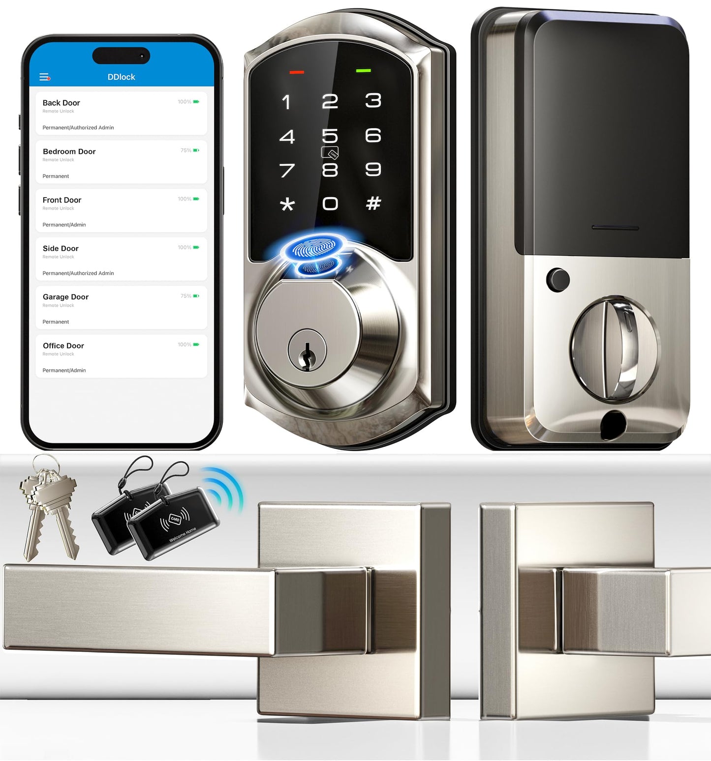 Veise Fingerprint Smart Locks for Front Door with 2 Lever Handle Set, App Control, Keyless Entry, Electronic Digital Keypad Deadbolt, Auto Lock, Waterproof, Easy to Install, Satin Nickel