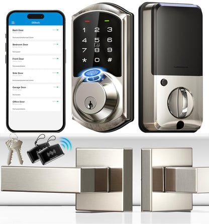 Veise Fingerprint Smart Locks for Front Door with 2 Lever Handle Set, App Control, Keyless Entry, Electronic Digital Keypad Deadbolt, Auto Lock, Waterproof, Easy to Install, Satin Nickel
