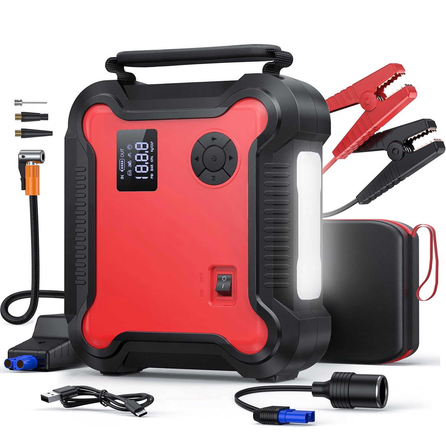 Versatile Car Jump Starter with Air Compressor, 6000A 26800mAh 150PSI (All Gas 8.0L Diesel) Car Battery Jumper Starter Portable Jump Box, Fast Charger with Jumper Cables, 160W DC, Larger Lights
