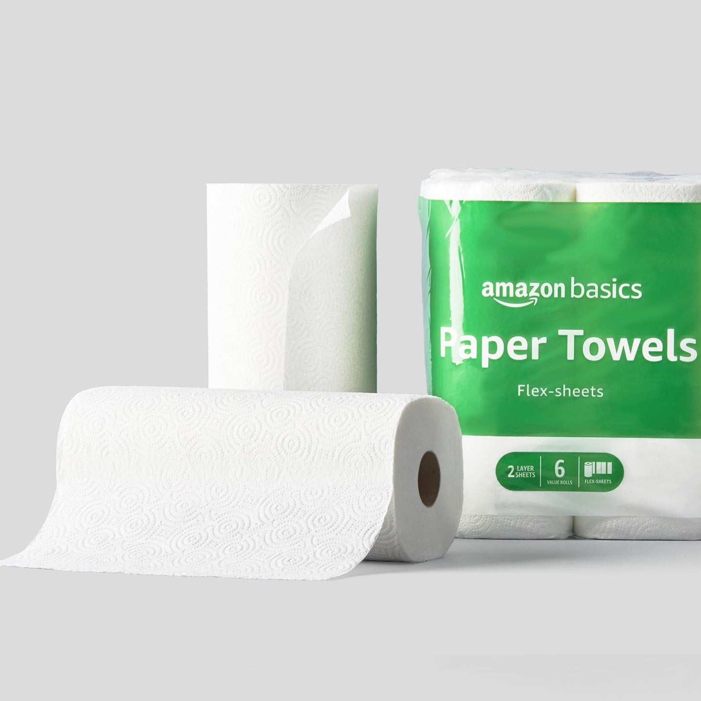 Amazon Basics 2-Ply Flex-Sheets Paper Towels, 2 Basics Rolls = 5 Regular Rolls, Everyday Value with 150 Sheets per Roll