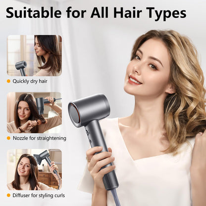 Hair Dryer - 1 Min Fast Drying, High-Speed Blow Dryer with 500 Million Negative Ions, No Heat Damage, Lightweight, Professional Hairdryer with Diffuser & Nozzle for Valentine's Day Gifts, Gunmetal