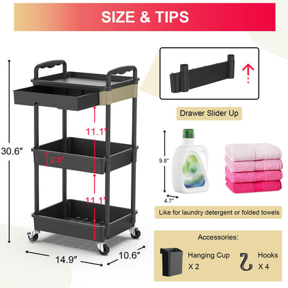 Goovilla 3 Tier Rolling Utility Cart Organizer with Removable Drawer, Stable and Sturdy Black Rolling Storage Carts with 2 Lockable Wheels for Bathroom, Kitchen, Snack, Craft, Makeup, Baby Essentials