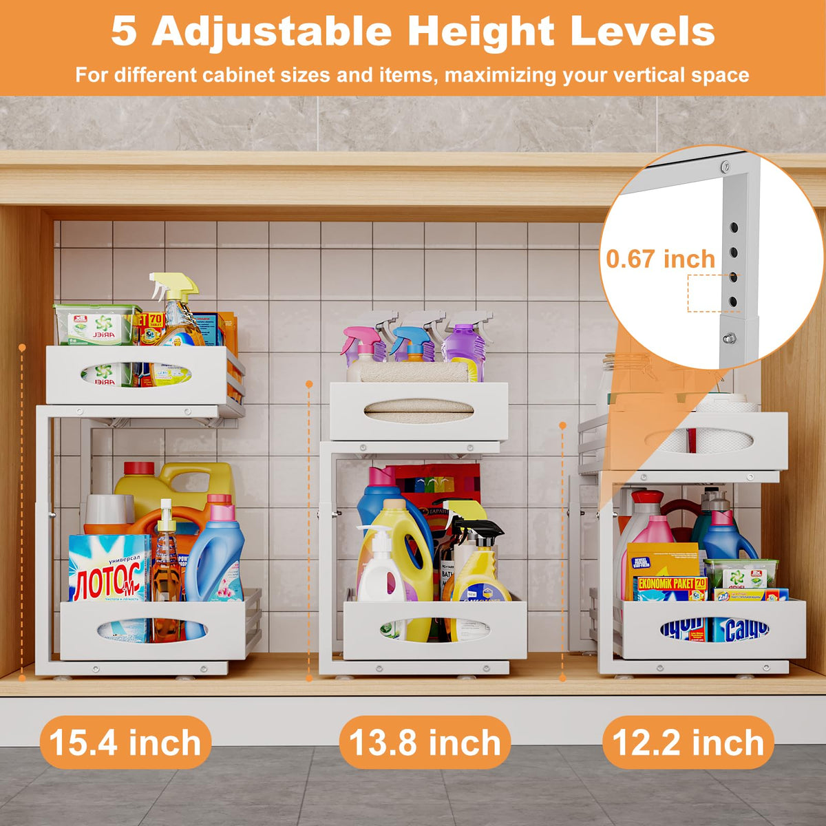 mixeshop Under Sink Organizer, Pull Out Cabinet Organizers, Slide Sink Steel Shelf Cabinet Storage Shelves, Under Sink Storage for Kitchen Bathroom Cabinet (White, 2 Pack)