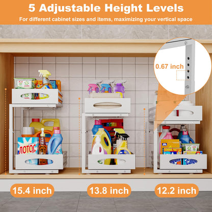 mixeshop Under Sink Organizer, Pull Out Cabinet Organizers, Slide Sink Steel Shelf Cabinet Storage Shelves, Under Sink Storage for Kitchen Bathroom Cabinet (White, 2 Pack)