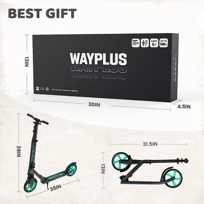 WAYPLUS Aquas Kick Scooter for Kids, Teens & Adults - Foldable, Lightweight, 8-Inch Non-Slip Deck, ABEC9 Bearings, Adjustable Height, Lifetime Service