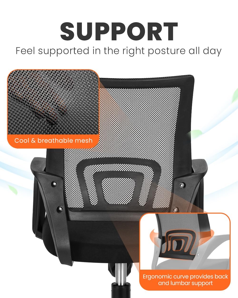 NEO CHAIR Office Desk Computer Chair Ergonomic Mesh Gaming Mid Back Seat with Comfy Lumbar Support Adjustable Height Swivel for Home Task (Black)