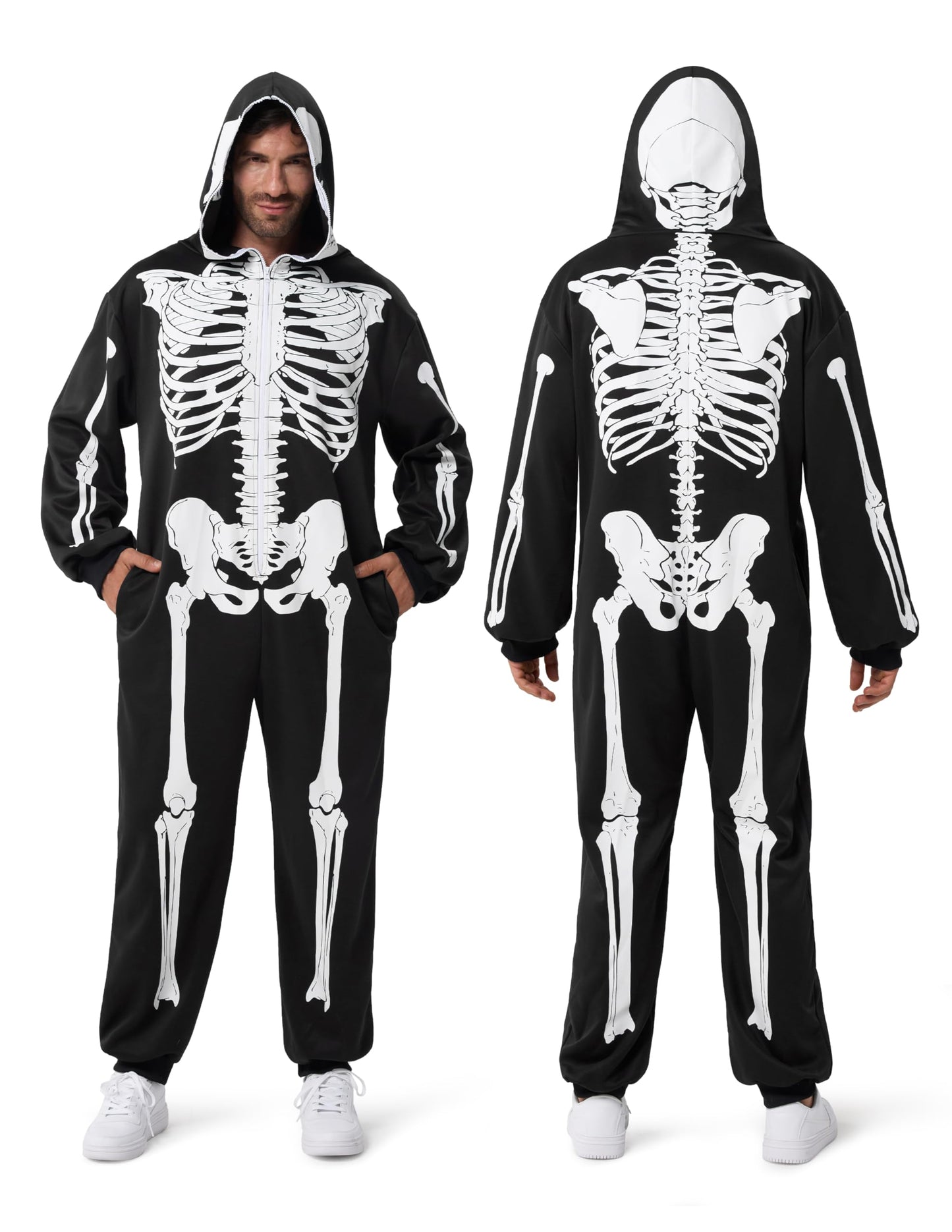 Spooktacular Creations Halloween Skeleton Pajama, Skeleton Costume for Adult Men, Hooded Plush Pajamas Jumpsuit, Zip-Up Skull Jumpsuit for Adult Men Halloween Cosplay Costume Themed Parties Black