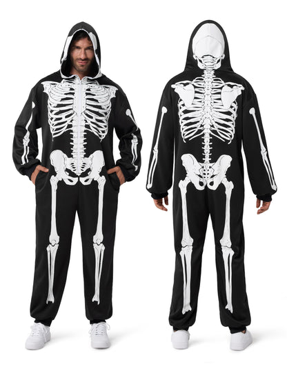 Spooktacular Creations Halloween Skeleton Pajama, Skeleton Costume for Adult Men, Hooded Plush Pajamas Jumpsuit, Zip-Up Skull Jumpsuit for Adult Men Halloween Cosplay Costume Themed Parties Black