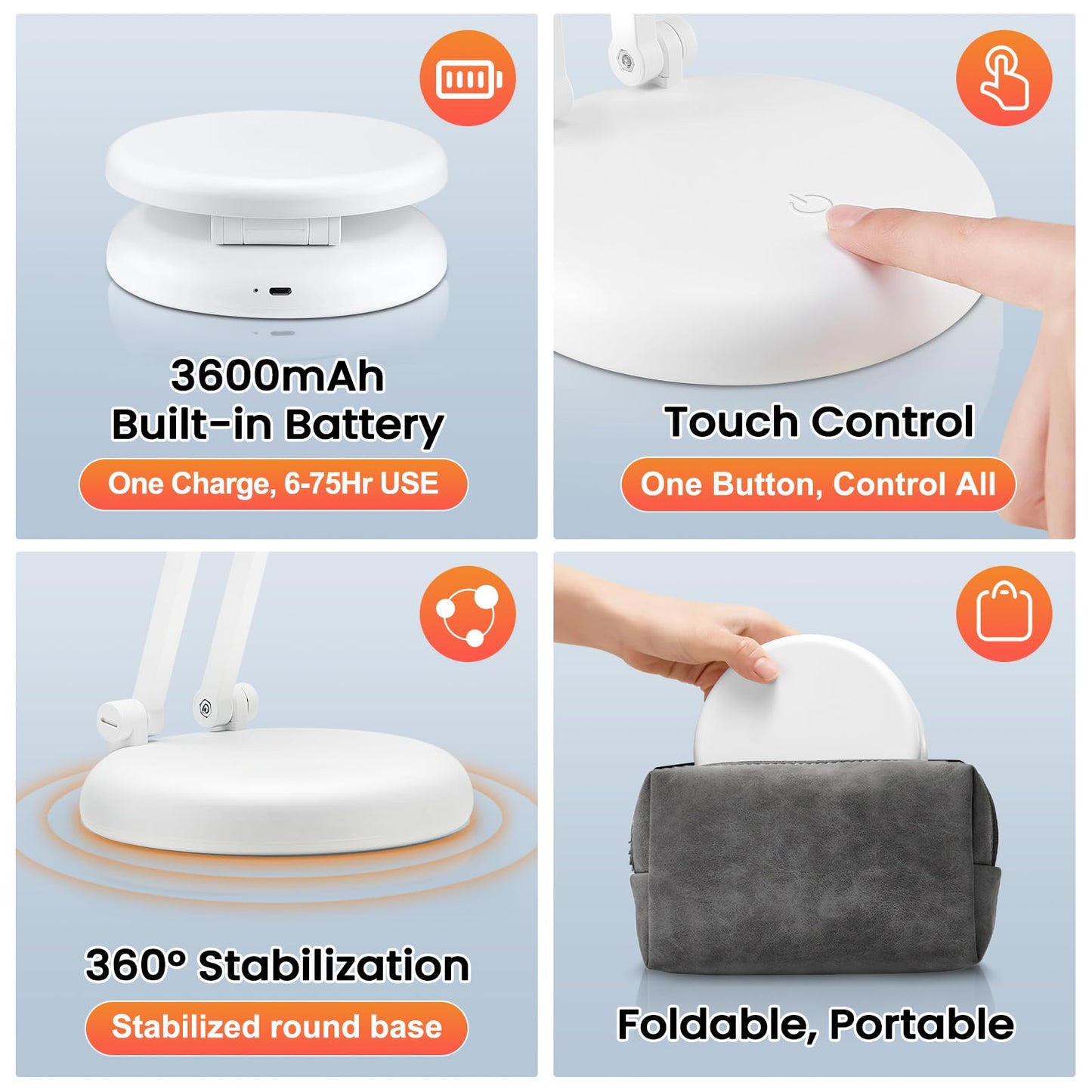 One Fire Desk Lamp for College Dorm Room,Dimmable Battery Powered Lights,3600mAh Rechargeable Wireless&Cordless Table Lamp,Small Mini Lamp&Portable Light for Dorm,Bed,Reading,Craft,Home,Office,Nail