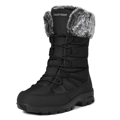 ANGRYRAM Winter Steel Toe Boots for Women Warm Insulated Non Slip Snow Boots Comfortable Work Shoes Mid Calf Faux Fur Furry Snow Shoes for Industry Construction Outdoor Winter